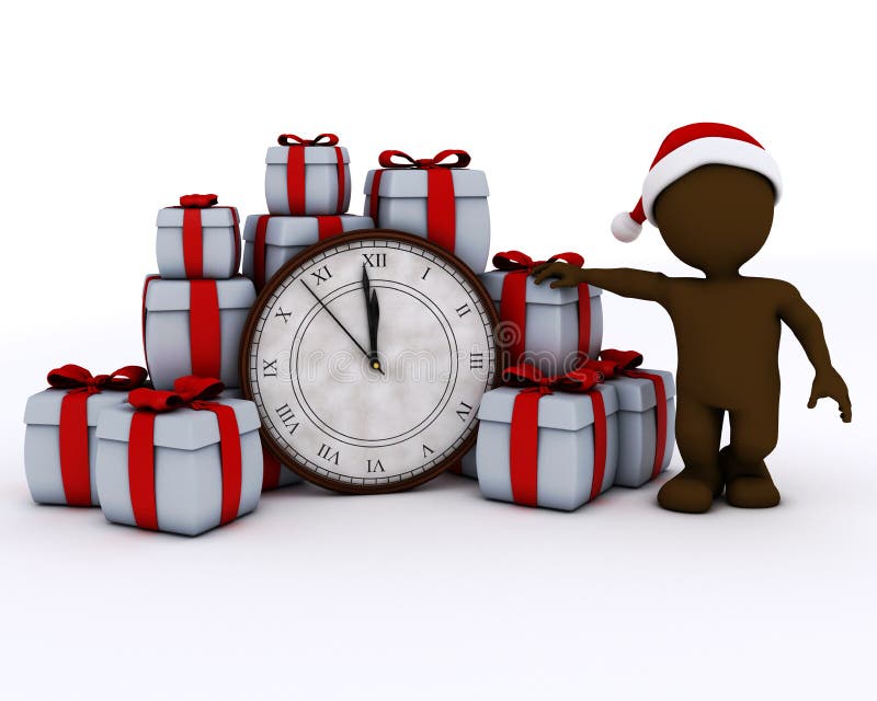 3D Santa Morph Man with clock before midnight royalty free illustration 3D Santa Morph Man with clock before midnight royalty free illustration