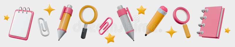 3D school supply. Studying tools. Pencil and pen. Read book. Paper notepad elements. Notebook render for learning. Document tablet stock illustration