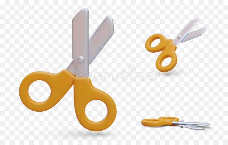 3D Scissors with Yellow Plastic Handles. Stationery Tool for Cutting