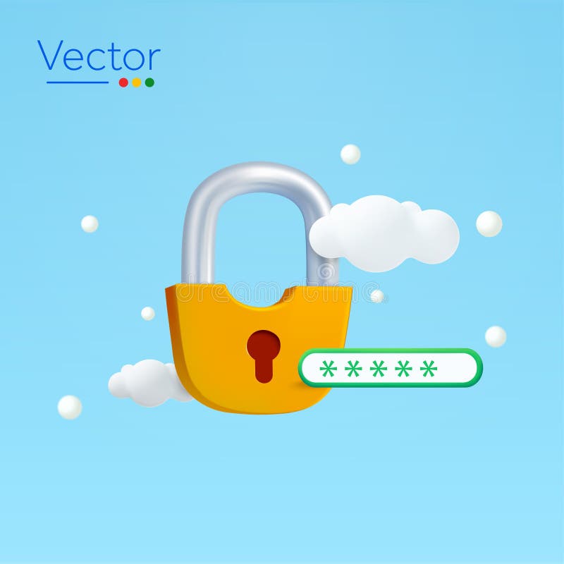 3d secured lock with password input, clouds flying around, isolated on background. Design concept for server security royalty free illustration