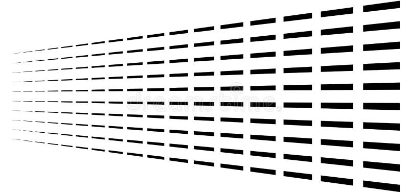 3d segmented, dashed lines geometric pattern. Vanish, diminish strips in perspective. Irregular stripes