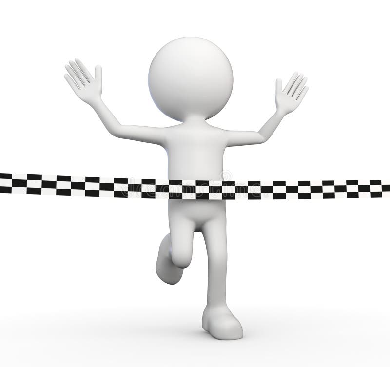 3d render illustration of a white 3d human reaching the finishing line. 3d render illustration of a white 3d human reaching the finishing line