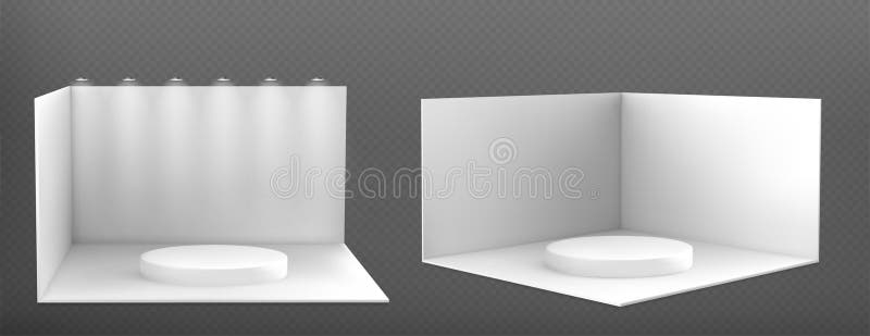 3D set of exhibition booth mockups isolated on transparent background. Vector realistic illustration show room with blank walls, round white stage for product presentation, spotlight illumination