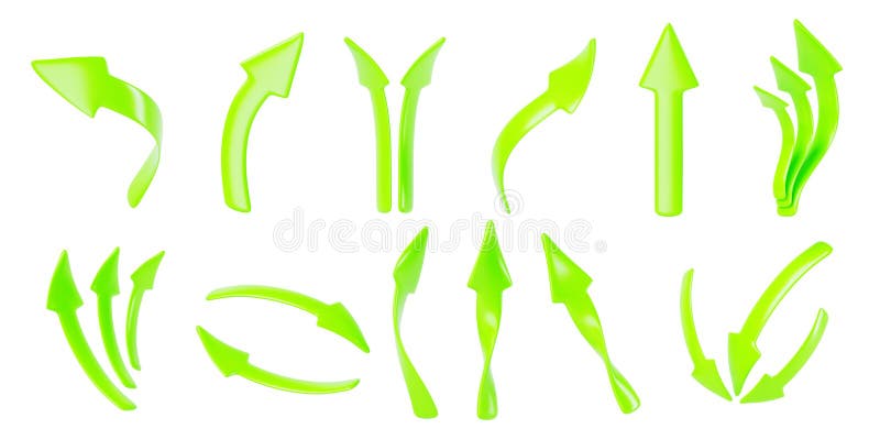3d set of green arrow isolated render icon set. Realistic straight, curved, spiral direction pointer up, down, left and stock illustration
