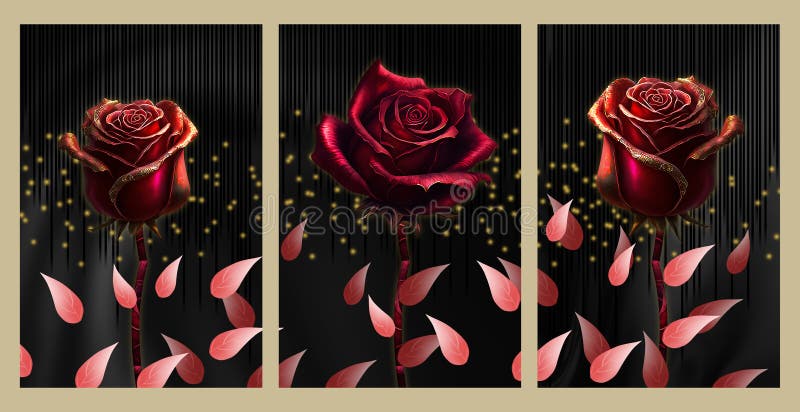 3d set of three roses on golden and black background. golden leaves branches, red floral wall art frames.