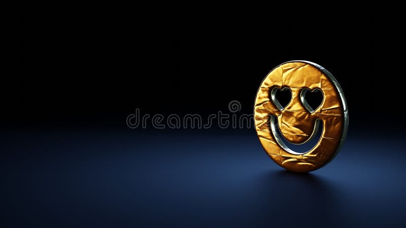 3d simbolo delle emoticon nell'amore avvolte in pellicola d'oro su sfondo blu scuro illustrazione di stock