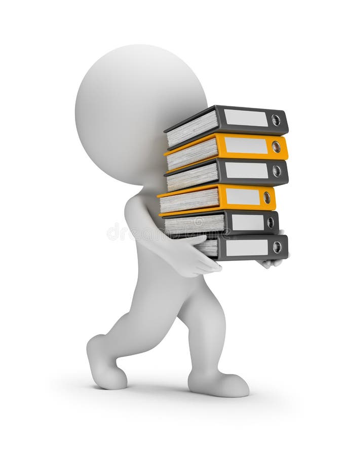 3d small person carries a stack of folders. 3d image. White background. 3d small person carries a stack of folders. 3d image. White background.