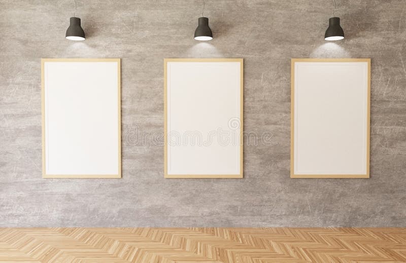 3d som framför vita affischer och ramar som hänger på betongväggbakgrunden i rummet, ljus, trägolv vektor illustrationer 3d som framför vita affischer och ramar som hänger på betongväggbakgrunden i rummet, ljus, trägolv vektor illustrationer