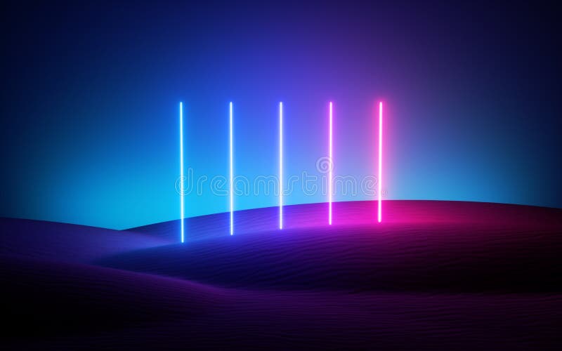 3d sottofondo neonato futuristico, linee verticali rosa blu che brillano nel deserto sotto il cielo notturno Paesaggio del terren illustrazione di stock