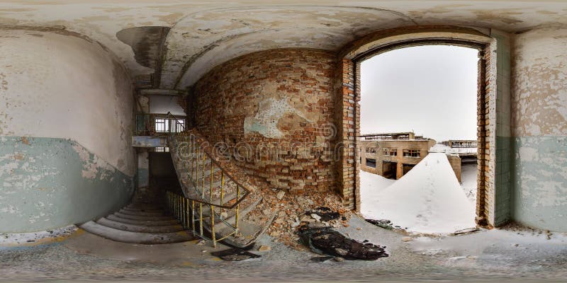 Old soviet architecture. 3D spherical panorama with 360 degree viewing angle Abandoned building in winter with snow in Pripyat For virtual reality in vr Full equirectangular projection. Scary background interior