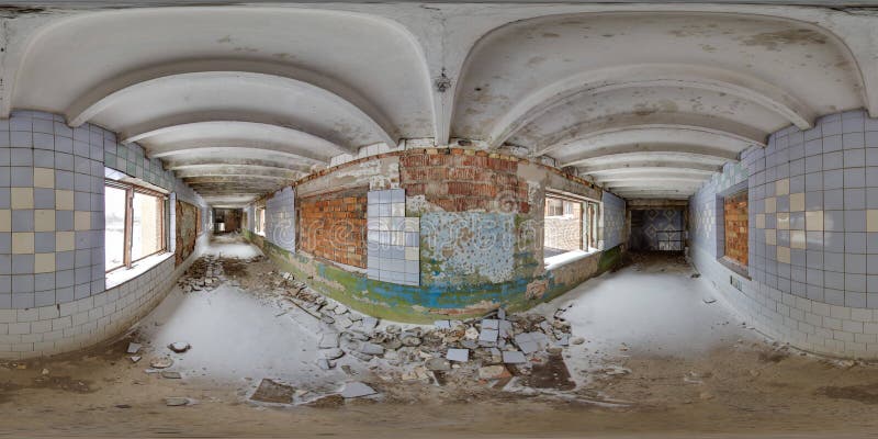 Old soviet architecture. 3D spherical panorama with 360 degree viewing angle Abandoned building in winter with snow in Pripyat For virtual reality in vr Full equirectangular projection. Scary background interior