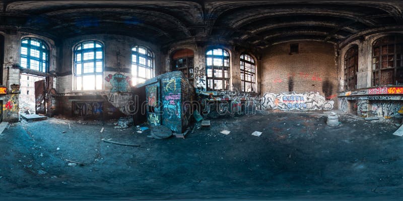 3D spherical panorama with 360 viewing angle ready for virtual reality or VR. ghost town. Exterior of abandoned industrial building landscape architecture of the city Full equirectangular projection. 3D spherical panorama with 360 viewing angle ready for virtual reality or VR. ghost town. Exterior of abandoned industrial building landscape architecture of the city Full equirectangular projection