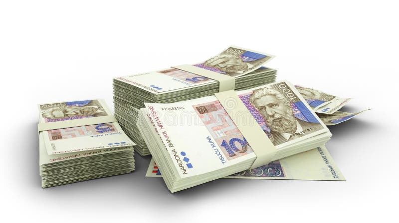 3D stack of Croatian 1000 Kuna notes isolated on white background. Croatia currency vector illustration