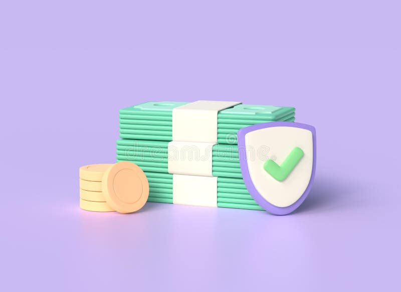 3d Stack of Green Banknotes, Gold Coins and a Shield with a Check Mark