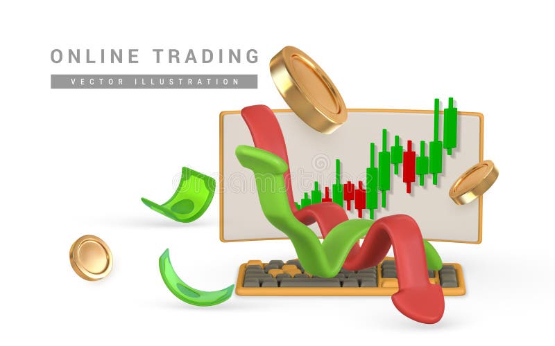 3d stock online trading with monitor and keyboard, investment graph and flying money in cartoon style. Green red arrow up down. royalty free illustration