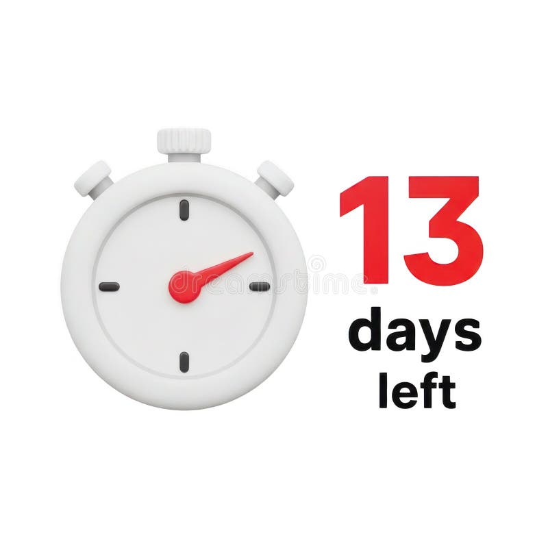 3d stopwatch countdown timer showing thirteen days remaining time title should be unique, creative and subject oriented vector illustration