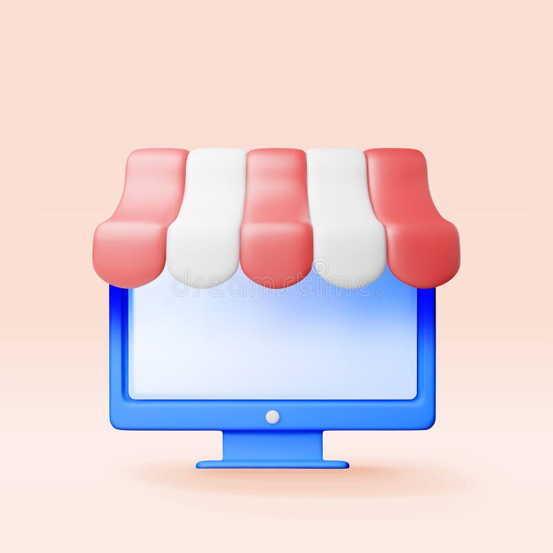 3d striped awning i komputer. ilustracja wektor