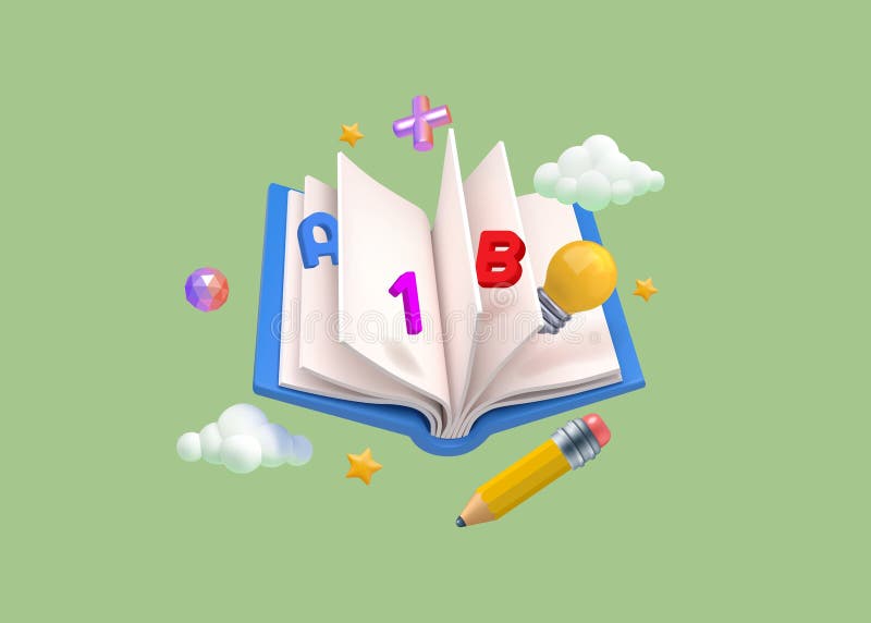3d study icons. School book or dictionary notebook, open diary for student knowledge. Pen, document and lightbulb stock illustration