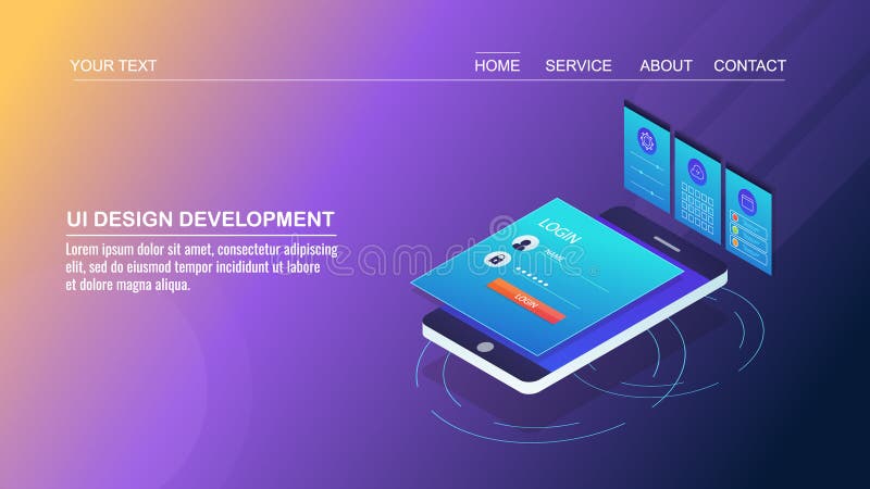 Mobile app development, user interface design, mobile page design, user experience improvement, isometric design concept. vector illustration