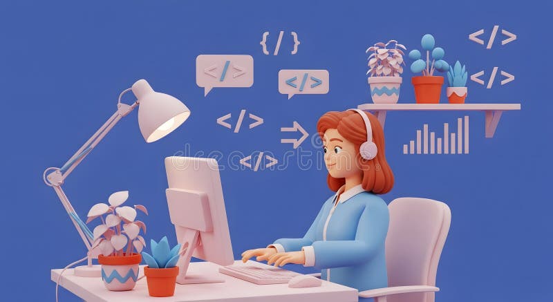3D-stylisierte Abbildung einer Programmiererin, die an ihrem Schreibtisch mit Pflanzen- und Techniksymbolen kodiert stock abbildung
