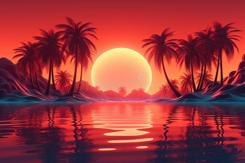 3d sunset on the beach. Retro palms sci fi background with ocean. Sun reflection in water. Futuristic landscape 1980s style.