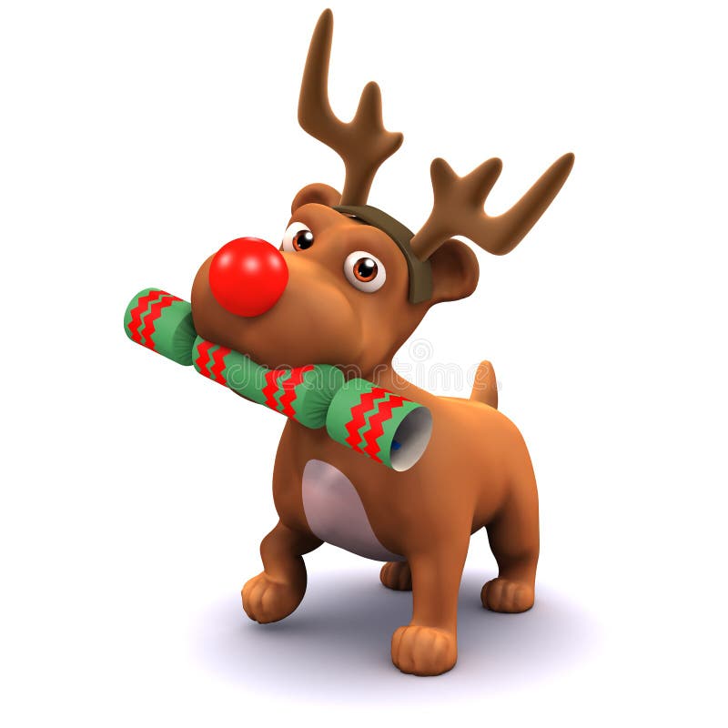 3d render of a puppy dog wearing reindeer antlers and holding a Christmas cracker. 3d render of a puppy dog wearing reindeer antlers and holding a Christmas cracker