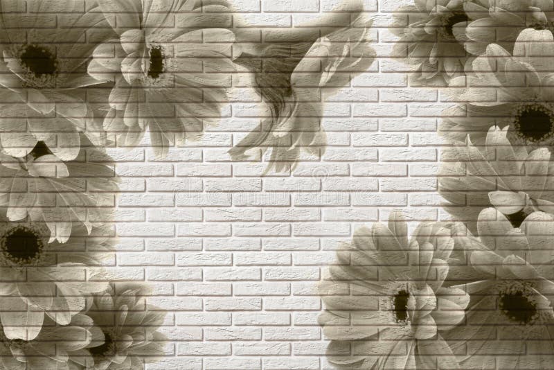 3d tapet, gerberas på vit tegelstentextur Freskomålningeffekten stock illustrationer 3d tapet, gerberas på vit tegelstentextur Freskomålningeffekten stock illustrationer