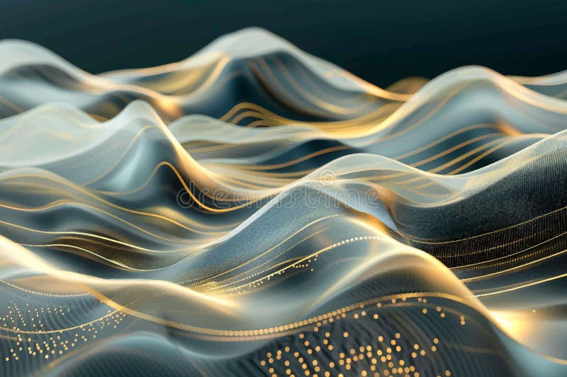 3d teal gold lyxury abstrakt dynamisk flytande flödslingor mönsterbakgrund med guldvågor dammglitter. yta 3d stock illustrationer