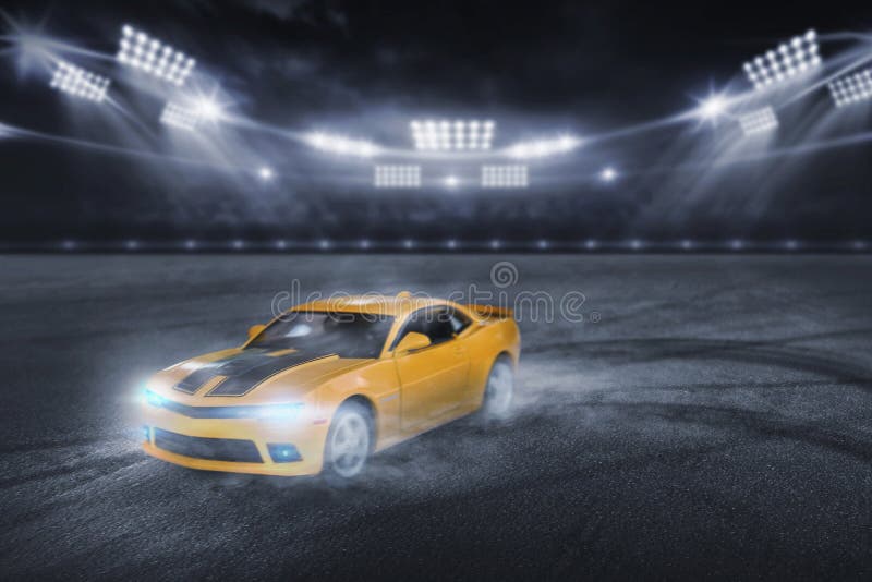 3D rendering the yellow sports racing car, Drift racer, Race car racing on speed track at night with motion blur. 3D rendering the yellow sports racing car, Drift racer, Race car racing on speed track at night with motion blur