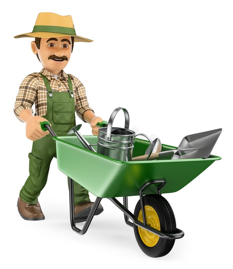 3D Tuinman die een kruiwagen met tuinmanhulpmiddelen duwen royalty-vrije illustratie 3D Tuinman die een kruiwagen met tuinmanhulpmiddelen duwen royalty-vrije illustratie