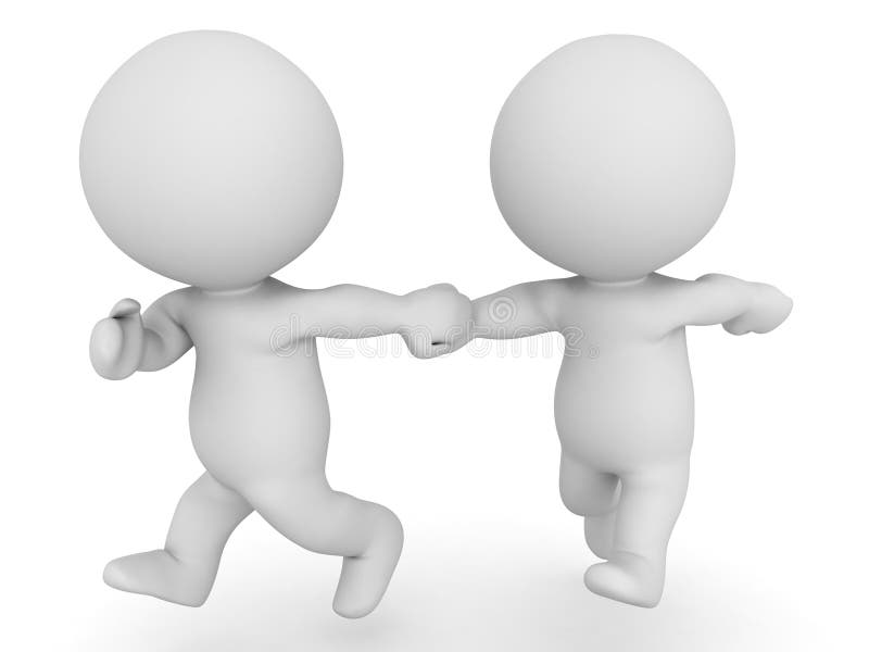 3D Two 3D Characters running and holding hands - zoomed out vector illustration