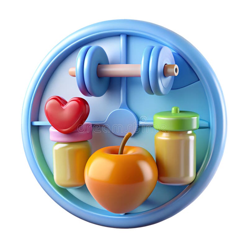 3 D Uhr Symbol Gesunde Routine Dumbells Apple Jars Herz vektor abbildung