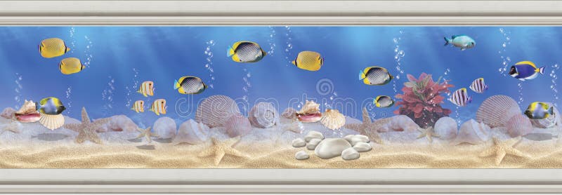 3d underwater living room wallpaper design for wall decor, Underwater fish Aquarium illustration background.