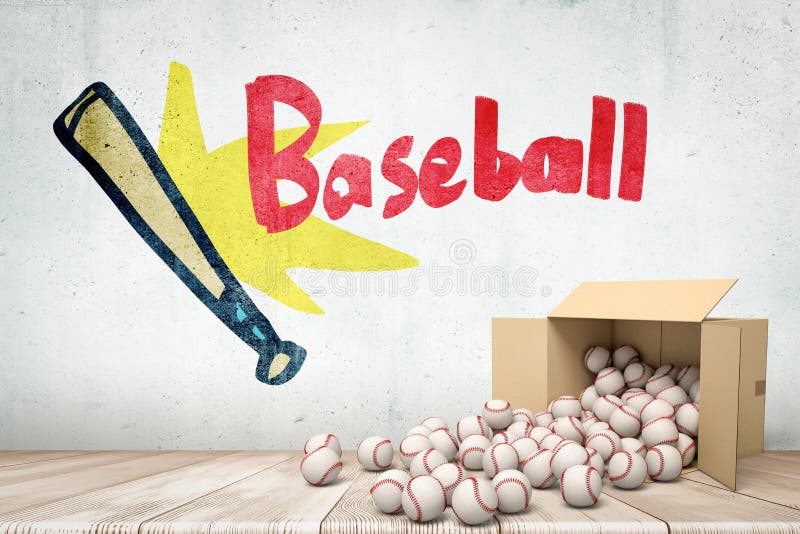 3d rendering of cardboard box lying sidelong with baseballs scattering out of it near grungy wall with drawing of bat and title `Baseball`. Sporting equipment. Sports goods. Popular sports. 3d rendering of cardboard box lying sidelong with baseballs scattering out of it near grungy wall with drawing of bat and title `Baseball`. Sporting equipment. Sports goods. Popular sports.