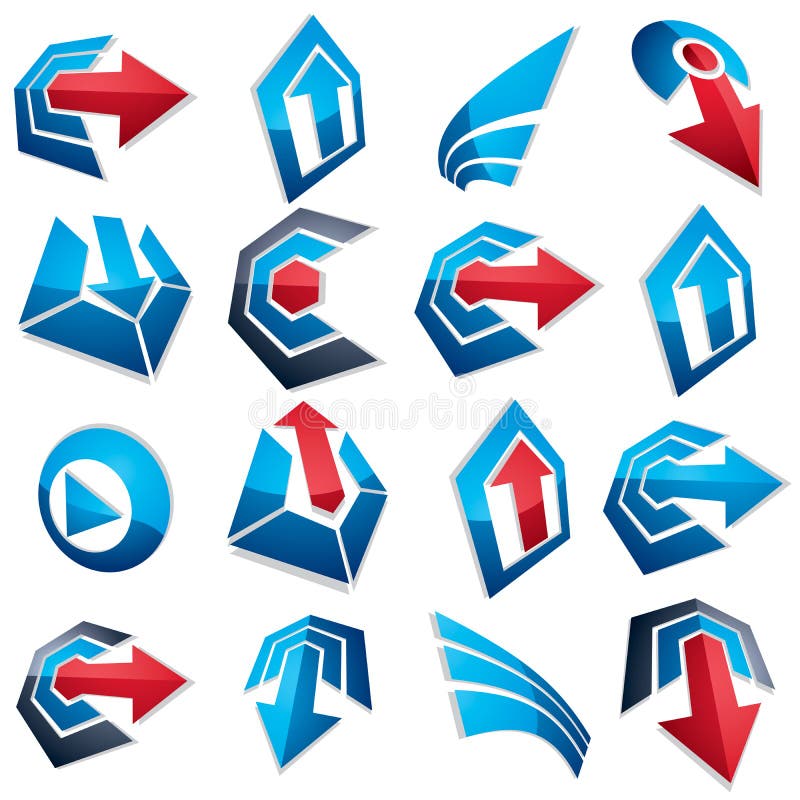 3d vector blue abstract shapes, different business icons and design elements collection. Geometric abstract arrows for use as