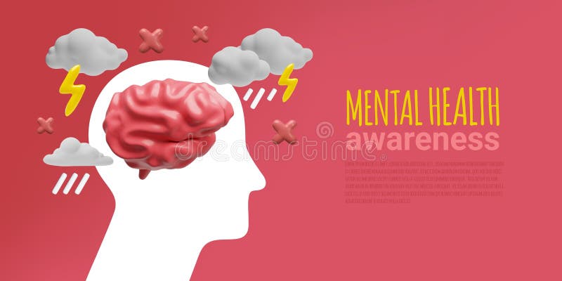 3D vector of brain on white silhouette of human head with clouds, thunder and lightning. stock illustration