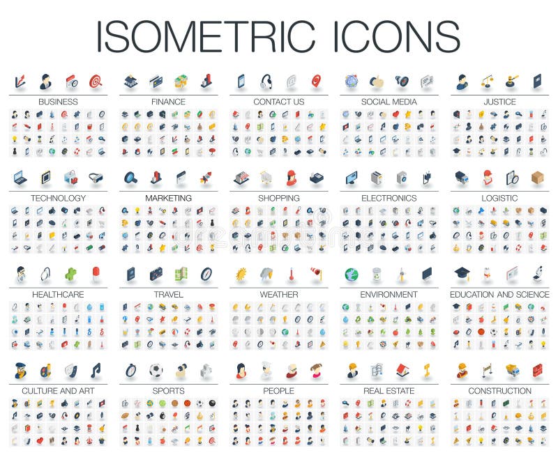 3d Vector. Illustration of isometric flat icons for business, bank, social media, justice, market, internet technology royalty free illustration