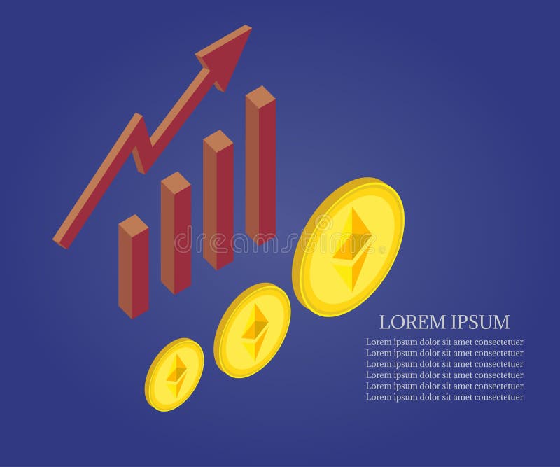 3d vector isometric ethereum growth concept. Abstract vector illustration of growth chart. Business success diagram, growing up. Business data visualization concept.