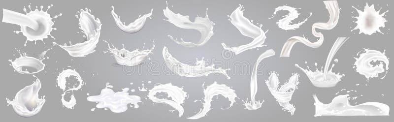 3d vector milk splash and pouring set, big collection. vector illustration