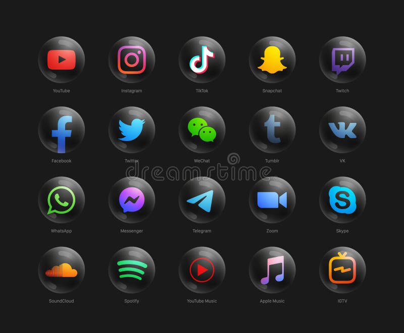 3D Vector Popular Social Media Network Modern Black Round Web Icons Set. YouTube Instagram TikTok Snapchat Twitch Facebook Twitter WeChat WhatsApp Messenger Telegram Zoom Skype Spotify IGTV. 3D Vector Popular Social Media Network Modern Black Round Web Icons Set. YouTube Instagram TikTok Snapchat Twitch Facebook Twitter WeChat WhatsApp Messenger Telegram Zoom Skype Spotify IGTV