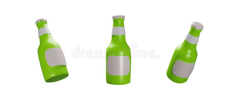 3D-Vektor-3D-Set mit verschiedenen Seiten einer geschlossenen grünen Flasche aus Glas mit weißem leerem Etikett. stock abbildung