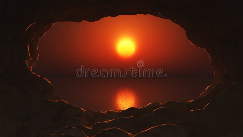3D view from a cave onto sunset sea
