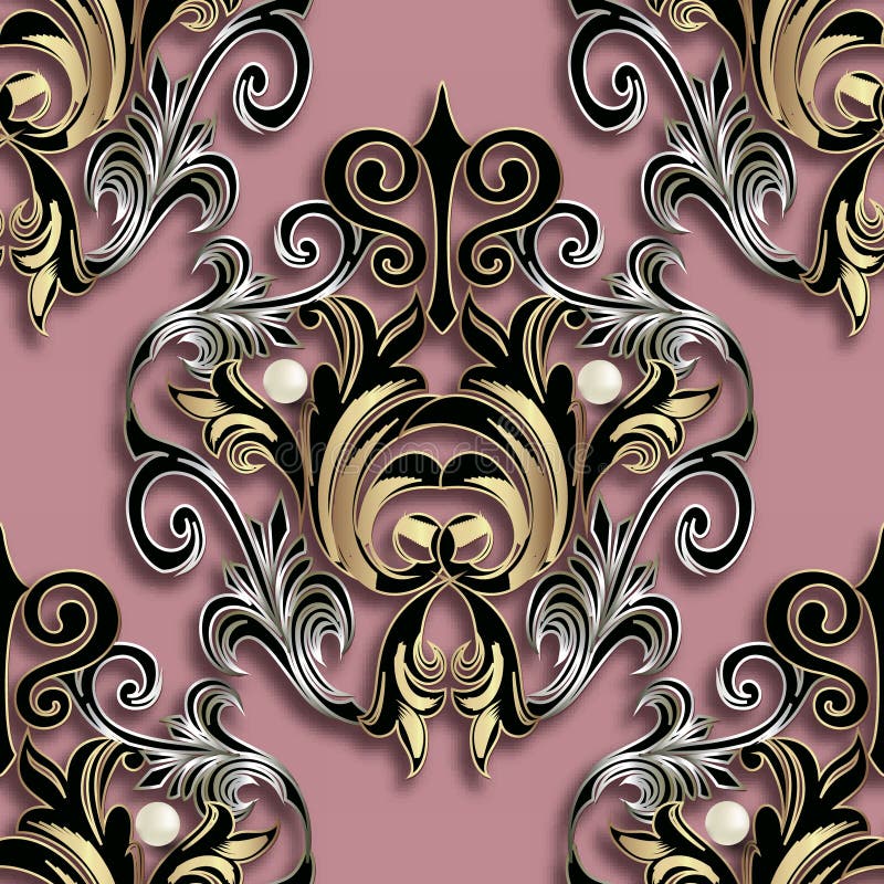 3d vintage floral seamless pattern. Ornamental vector background. Luxury repeat pink backdrop. Ornate gold Damask ornaments.