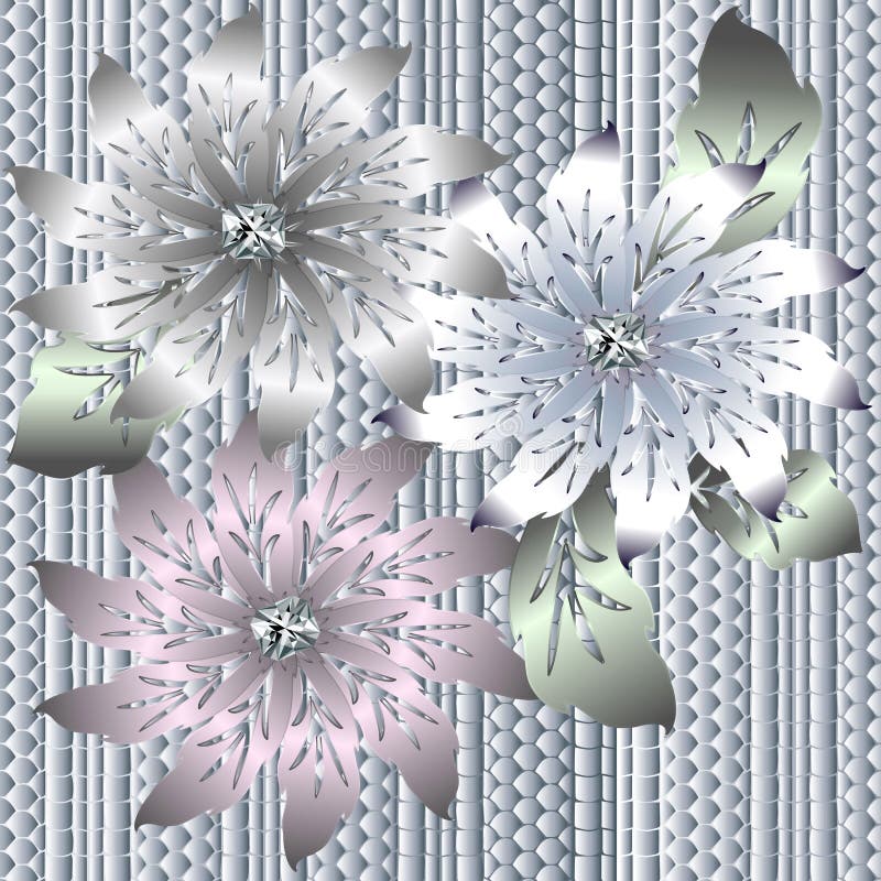 3d vintage floral seamless pattern. Ornate textured patterned white background. Beautiful 3d flowers with diamonds, scroll leaves vector illustration