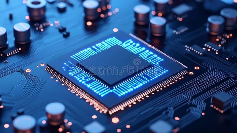 A 3D visualization of digital binary data on a microchip, set against a glowing circuit board background, illustrating vector illustration