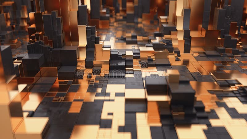 3D visualization of a futuristic city made of golden and black cubes royalty free stock photos