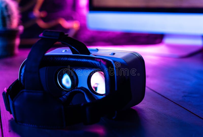 3d 360 Vr Headset Glasses on Computer Work Table in Futuristic Purple