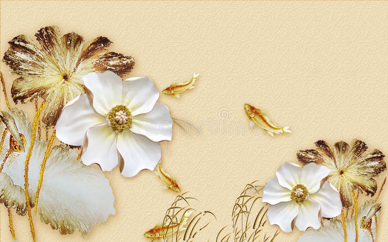 3d Wallpaper With Beautiful Flower Beautiful with Beautiful Fish Marble Background Wallpaper