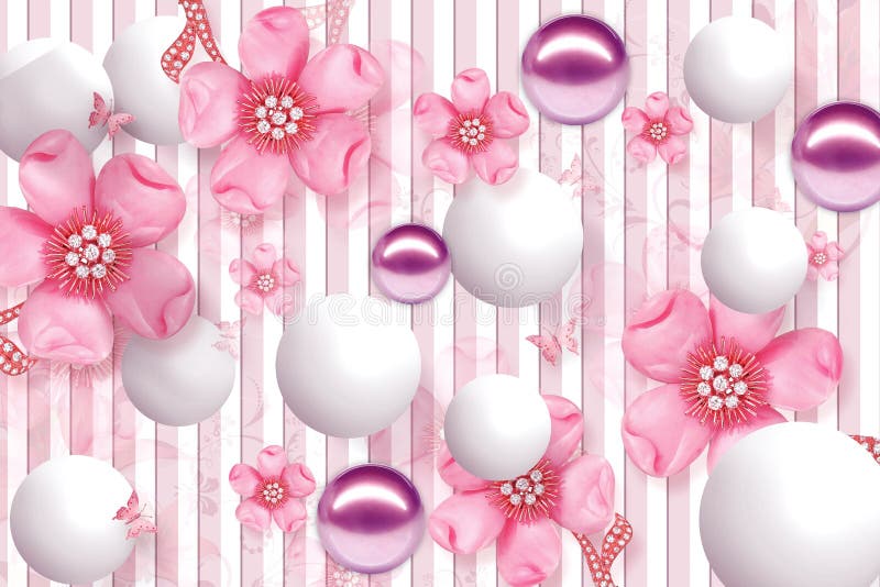 3D Wallpaper Design with Floral and Geometric Objects gold ball and pearls, gold jewelry wallpaper purple flower