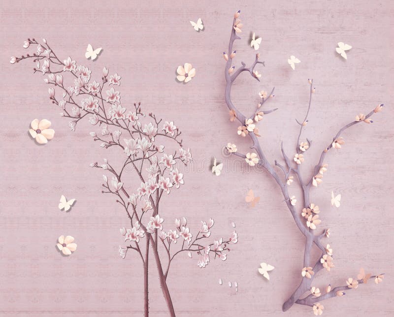 3d wallpaper design with render flower and tree branch . butterfly and wooden background